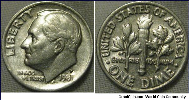 lustrous 1981 P dime, P seems a very thick strike, lower part of the obverse seems weaker.