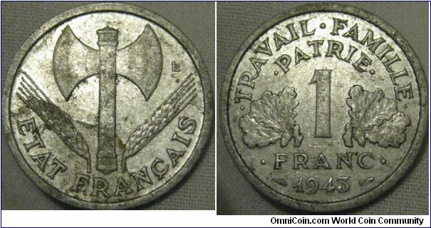 lustrous but dirty EF 1943 1 franc