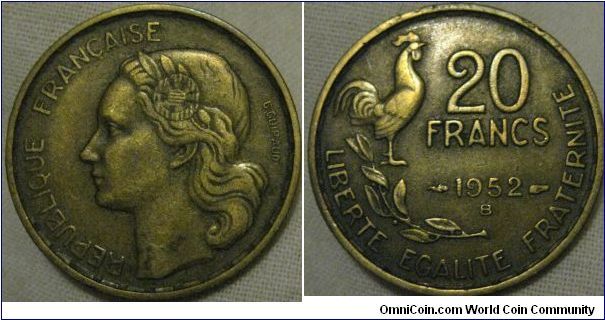 1952 B 20 franc, attractivly coloured, and scarcer mint
