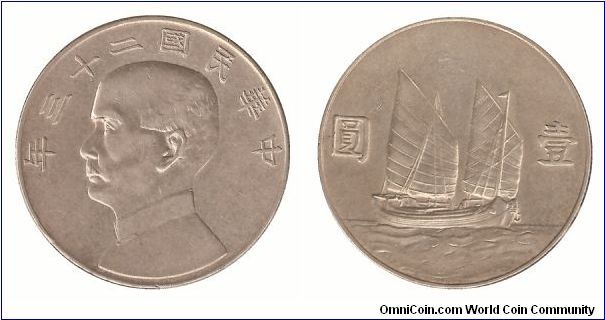 Year 23.  'Junk' Dollar (Yuan).  Weight 26.7g.  Mintage 128,740,000; In 1949, coins dated year 23, 30,000,000 were restruck at 3 different U.S. mints.
