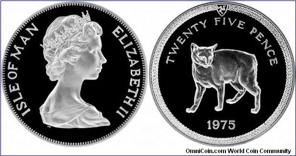 Manx cat, without tail, on reverse of silver proof 25 pence crown.