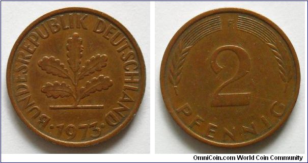 2 pfennig.
Mintmark 
'F'
(Stuttgart)