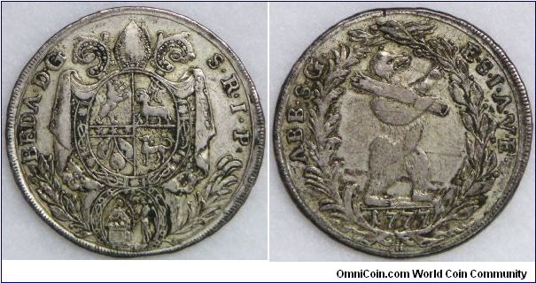 Swiss Canton - Saint Gall, Beda Angehm Von Hagenwyl, Abbot, 1/2 Thaler, 1777. 11.44g, Silver, 31.2mm. Obverse: Miltre above mantled, oval arms above sprigs. Obv. Legend: BEDA.D.G.S.R.I.P., Reverse: Rampant bear right, date below, all within wreath. Rev. Legend: ...S.G.E.S.I.A.V.E. Very fine.