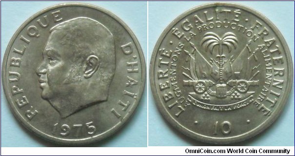 10 centimes.
President Jean-Claude Duvalier / F.A.O.