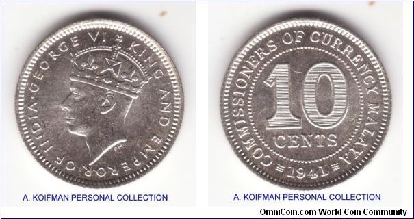 KM-4, 1941 Malaya 10 cents; nice bright uncirculated; reverse is especially bright as can be seen from the scan; from the mint roll/bag and has some bag marks; silver reeded edge