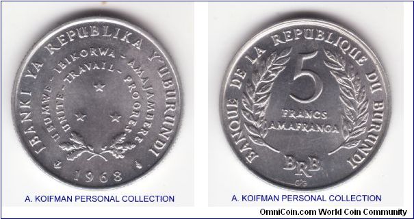 KM-16, 1968 Burundi 5 francs; plain edge aluminum; bright uncirculated