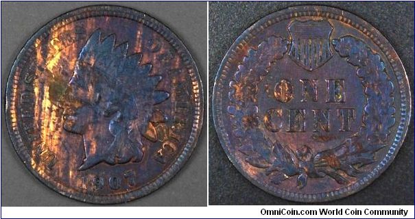 Indian head cent with awesome toning.