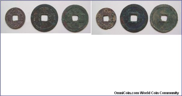 1 set 3pcs different variety Tang Guo Tong Bao,Southern Tang Dynasty.
19mm-25mm diameter.weight 1.5g and 3.7g.