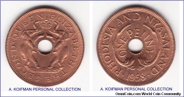 KM-2, 1958 Rhodesia & Nyasaland penny; plain edge bronze; Good uncirculated probably 80% red, does have 2 small spots one on obverse and one on reverse - try to spot them on the scan :).