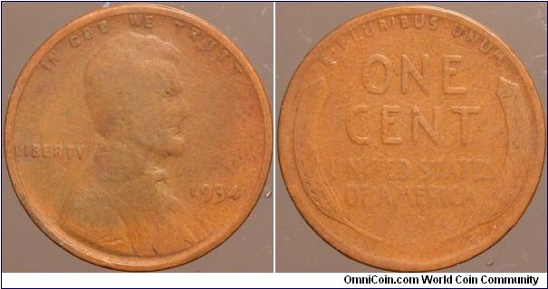 1934 One cent.

Collected from circulation around 1963.                                                                                                                                                                                                                                                                                                                                                                                                                                                           