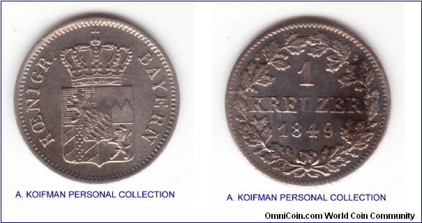 KM-422, 1849 Bayern (Bavaria) kreuzer; some resemblance of reeding in this 0.166 silver coin; almost uncirculated but cleaned and a stain or reverse as seen.