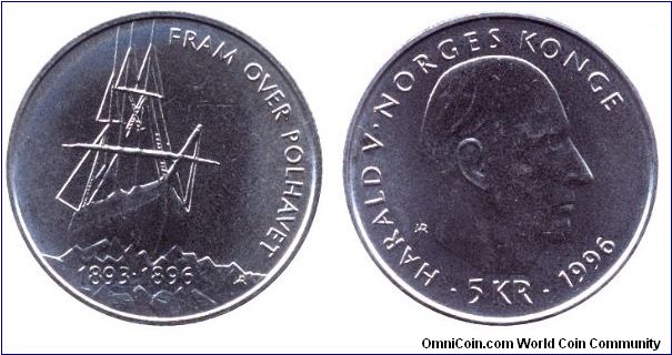 Norway, 5 krone, 1996, 1893-1896, Fram over Polhavet; Harald V Norges Konge.                                                                                                                                                                                                                                                                                                                                                                                                                                        