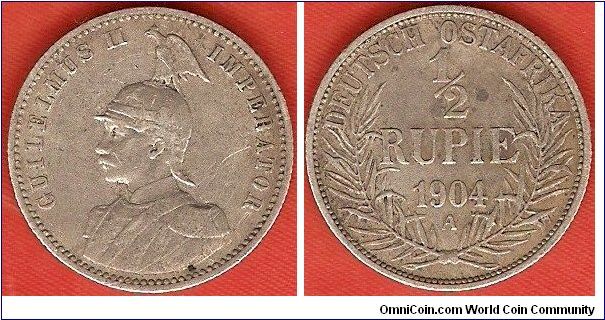 German East Africa
1/2 rupie
Wilhelm II, emperor
Berlin Mint
0.917 silver