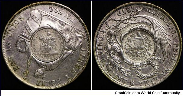Guatemala peso, original 1894 1/2 real die counterstamped on 1870 Peru 1 Sol. Both the counterstamp and the Peruvian coin grade a strong AU(almost uncirculated) with very little wear on the high points.