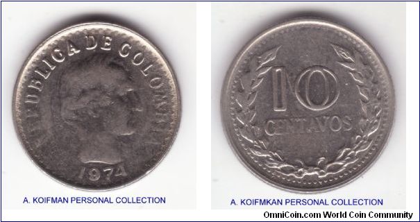 KM-253,  1974 Colombia 10 centavos; nickel clad steel, reeded edge; circulated fne to very fine.