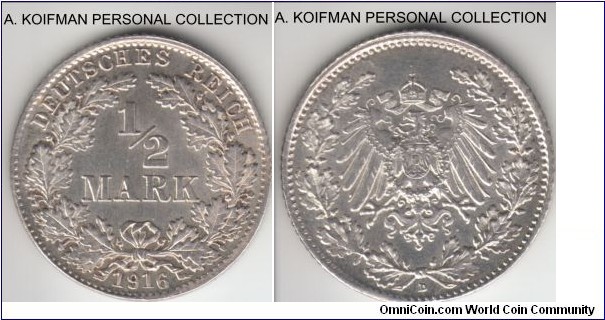 KM-17, 1916 Germany (Empire) half mark, Munich mint (D mint mark); silver, reeded edge; uncirculated, lots of luster.