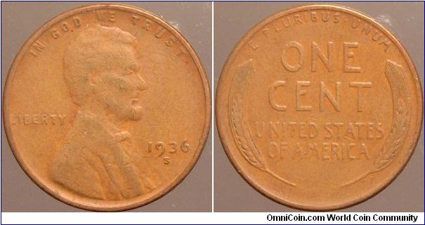 1936-S One cent.

Collected from circulation around 1963.                                                                                                                                                                                                                                                                                                                                                                                                                                                         