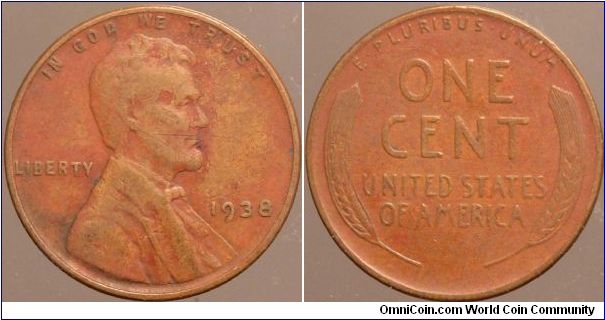 1938 One cent.

Collected from circulation around 1963.                                                                                                                                                                                                                                                                                                                                                                                                                                                           