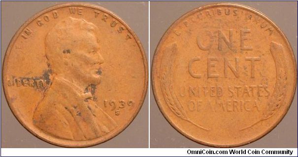 1939-S One cent.

Collected from circulation around 1963.

I have to laugh about this one. 45 years ago I put this in the 1939-D slot in my Whitman. Probably needed new glasses...                                                                                                                                                                                                                                                                                                                             