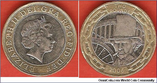 2 pounds
200th anniversary of the engineer Isambard Kingdom Brunel
Elizabeth II by Ian Rank-Broadley
bimetallic coin