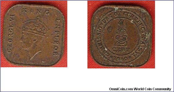 Malaya
1/2 cent
George VI, king, emperor
bronze