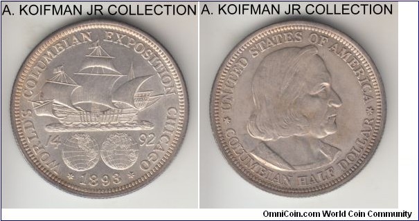 KM-117, 1893 United States of America half dollar; silver, reeded edge; 1892 Columbian exhibition commemorative, uncirculated.