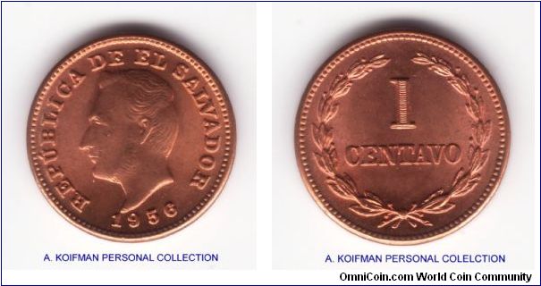 KM-135.1, 1956 El Salvador centavo; red bronze plain edge; nice