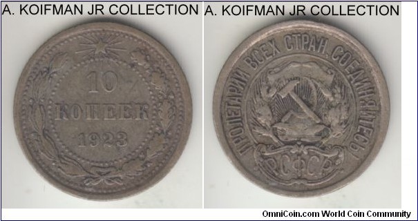 Y#80, 1923 Russia (RSFSR) 10 kopeks; silver, reeded edge; early 3-year type, dark toned good fine specimen. 