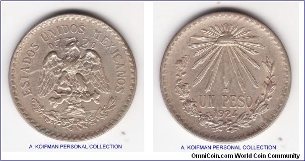 KM-455, 1924 Mexico peso; silver, incused edge; extra fine coindition, Libertad on the revolutional hat is fully visible on reverse but eagles breast and wing feathers show enough wear; aso small die break on obverse at the bottom.