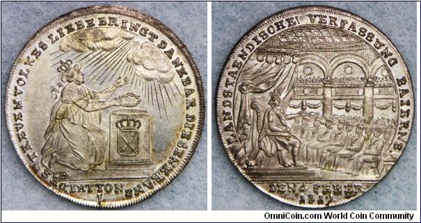 Silver jeton of German states - Bavaria (Bayern Versilberter Messingjeton) under Maximilian I Joseph (1806-1825 AD), 1819, issued for 'Auf die Verfasssung', 33mm. Obv. Knees de Bavaria wreath puts on altar. Rev. king opens the chambers. Splendid specimen!