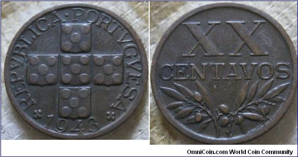 VF XX centavos from portugal, possibly a higher grade, no lustre but nice.