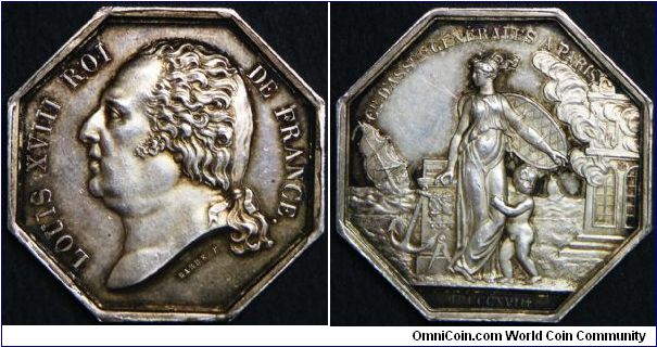 Silver jeton issued for 'allgemeine Versicherung in Paris' under Louis XVIII, 1818. Rev. sign holds feminine person protecting over naked child, in the background burning house and sail ship.