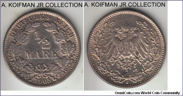 KM-17, 1905 Germany (Empire) 1/2 mark, Hamburg mint (J mint mark); reeded edge, silver; Wilhelm II, good extra fine.