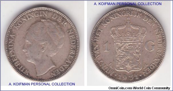 KM-161.1, 1931 Netherlands gulden; incused edge, silver; about very fine to very fine condition