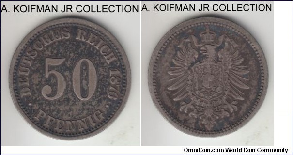 KM-6, 1876 Germany (Empire) 50 pfennig, Berlin mint (A mint mark); silver, reeded edge; Wilhelm I, early unified coinage, good fine or about.