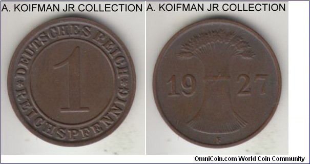 KM-37, 1927 Germany (Weimar Republic) reichspfennig, Stuttgart mint (F mint mark); bronze, plain edge; scarcer mint, uncirculated or almost.