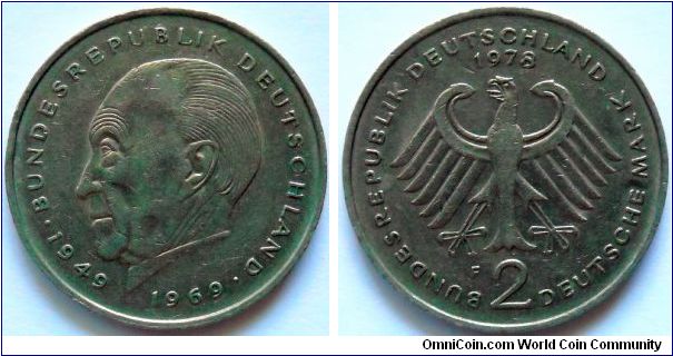 2 mark. 
1978 - Konrad Adenauer
(Anniversary of Federal Republic)
Mintmark 'F'
(Stuttgart)