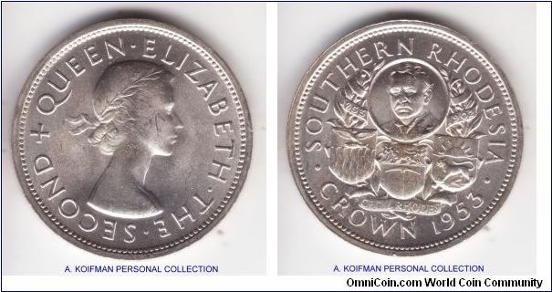 KM-27, 1953 Southern Rhodesia crown; silver, lettered edge * OUT OF VISION CAME REALITY * 1853 1953; nice uncirculated