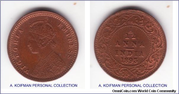 KM-483, 1893 British India 1/12 anna; bronze plain edge; nice uncirculated, obverse is almost completely toned and reverse shows some of the red, a piece of extra metal showing up on reverse at the top