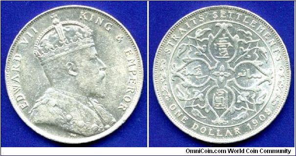 1 Dollar.
Straits Settlements.
Edward VII (1901-1910).
Mintage 4,152,000 units.


Ag900f. 20,21gr.