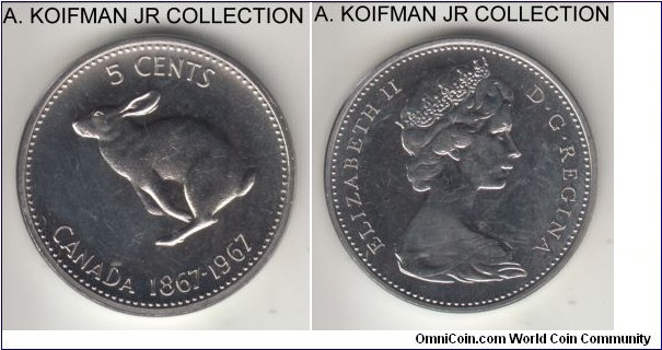 KM-66, No date (1967) Canada 5 cents; nickel, plain edge; Elizabeth II, highly reflective proof like surfaces, a bit mishandled but uncirculated proof like from mint set.