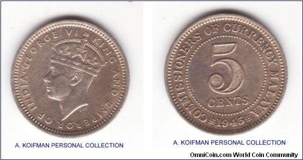KM-3a, 1945 Malaya 5 cents; silver, reeded edge; good very fine to extra fine condition for wear, pleasant toning that makes it eye appealing, 4 in the date is crosslet, this appears to be a Royal mint issue as I could not find 'I' mintmark; 2 die breaks each on obverse and reverse