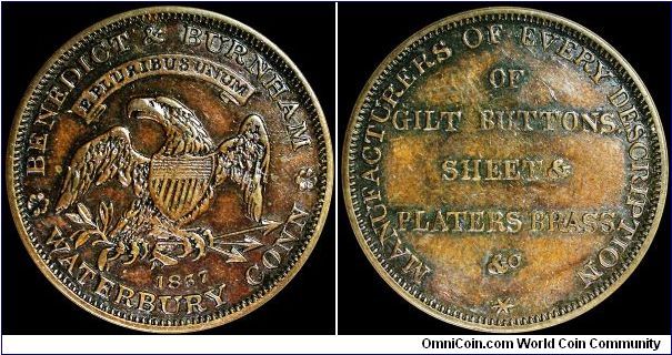 1837 button makers Waterbury, CT, HT 104 Low 109 Benedict & Burnham Hard Times Token. This is a Store Card token with a rarity of R3.