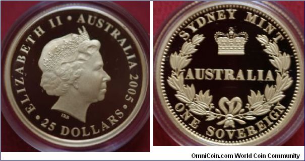 QEII
SOVREIGN/25DOLLARS
Celebrating the 150th anniversary of Australias first sovereign. Gold,Fineness 91.67%, 7.9881g, 22.00mm.
Complete with leatherbound book on Australian Sovereigns by the Perth Mint
Mintage: 7500