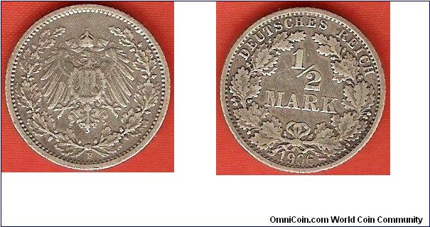 German Empire
1/2 mark
Stuttgart Mint
0.900 silver