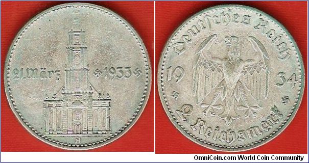 Third Reich
2 mark
Potsdam Garrison Church
1st anniversary of NAZI-take-over March,21 1933
Berlin Mint
0.625 silver