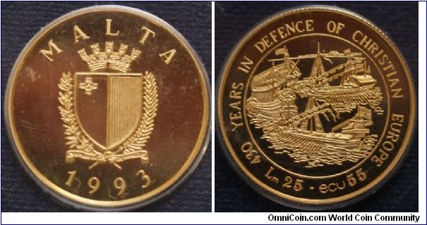 LM25, ECU 55, GOLD, 430 years in defence of Christian Europe, 6.72g, 23mm, Mintage 2,500

Just goes to show Malta's Stance on religious plurality in Europe!