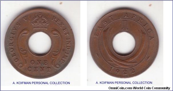 KM-22, 1922 East Africa cent; plain edge, bronze; scarcer Royal mint issue without a mint mark; almost uncirculated for wear, planchet flaw on the left top task, faint die crack rinningh across tasks on the left and through A in EAST and a small rim nick on obverse as well.