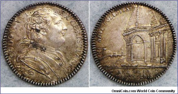 Louis XVI, silver jeton issued for the 'Art de La Maconnerie', n.d. (c. 1791 AD). Rev. An edified building close to a bridge. This is the mature bust variety.