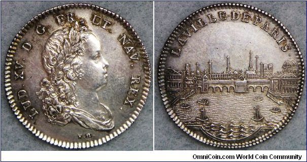 Louis XV, scarcer silver jeton issued for the members of Paris Municipal Council or 'Paris - Administration Municipale', n.d. (c. 1721 AD). Rev. City view of Paris. Larger size jeton (31mm) and interesting young bust of Louis XV.